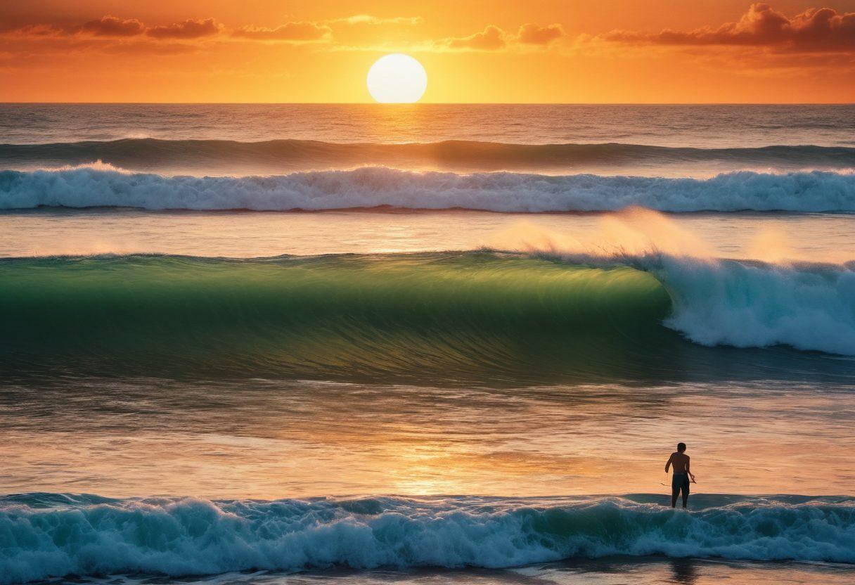 An artistic collage featuring iconic beach scenes from classic cinema, with surfers riding waves, vibrant beachwear fashion through the decades, and a cinematic film reel winding through the image. The background should depict a stunning sunset over the ocean, capturing the essence of summer and nostalgia. The composition should evoke a sense of adventure and cinematic history. vintage style. warm colors. dynamic elements.