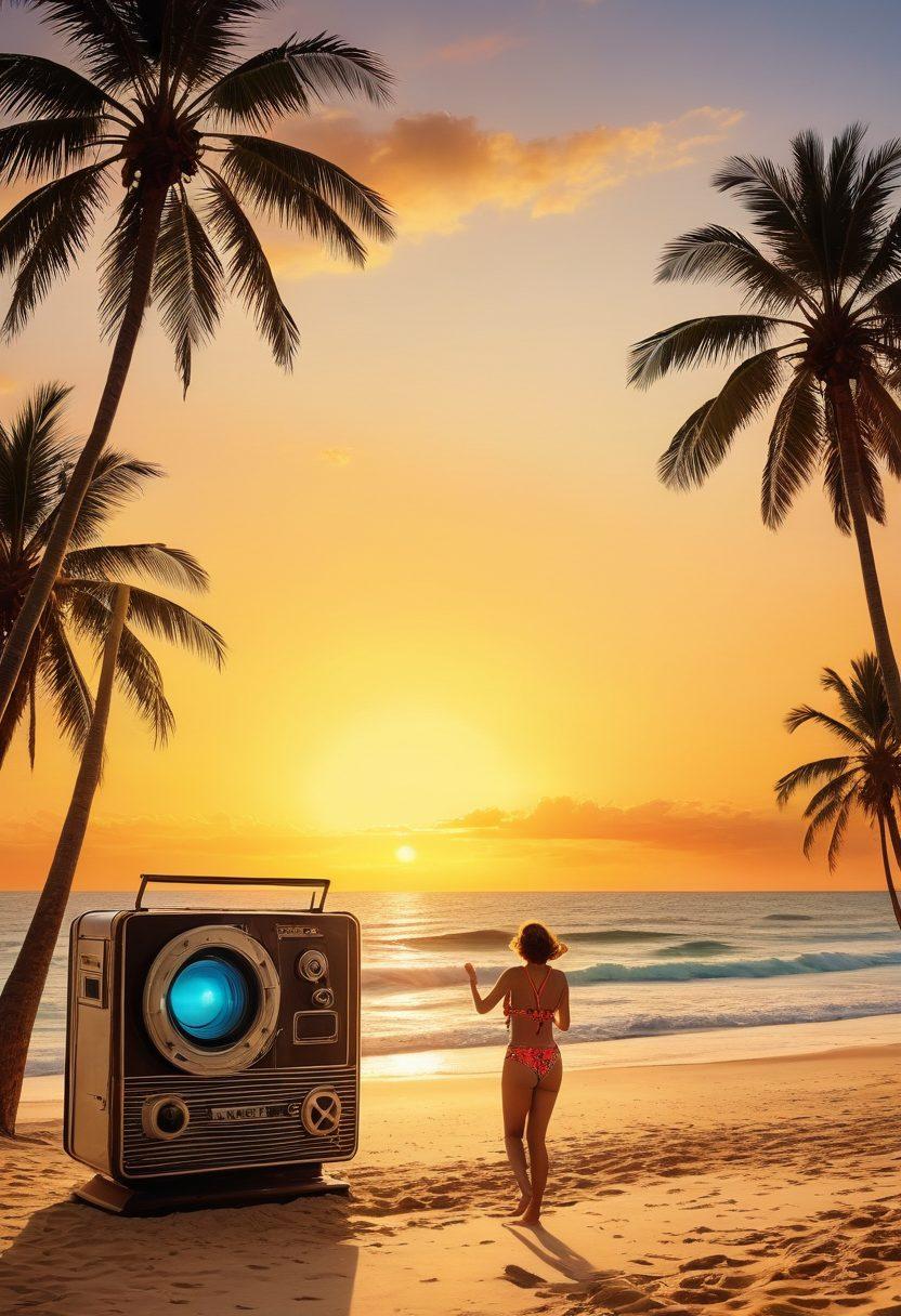 A vibrant beach scene featuring a retro cinema marquee displaying 'Bikini-Themed Movies'. In the foreground, stylish beachgoers in colorful swimsuits enjoy the sun and surf, while a classic film projector casts a film reel onto a sandy backdrop. Add palm trees swaying gently in the breeze, with a sunset casting warm golden hues across the scene. super-realistic. vibrant colors. cinematic style.