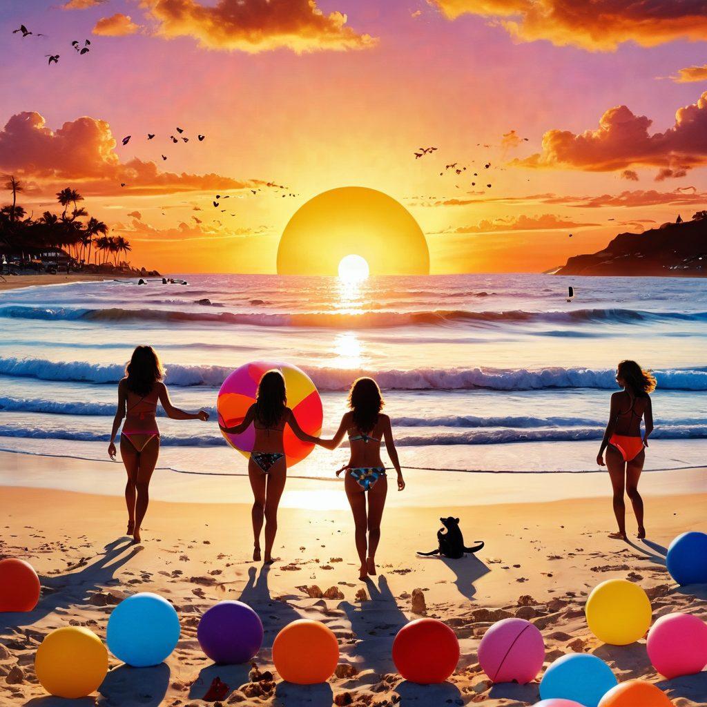A whimsical collage depicting a vibrant beach scene with colorful bikini-clad characters sharing laughter, amidst romantic elements like heart-shaped beach balls and sunset silhouettes. Integrate film reels and popcorn subtly to signify the film aspect, blending genres with comic and romantic symbols. The overall mood should be playful and inviting, capturing the essence of fun and love. bright colors. playful illustration.